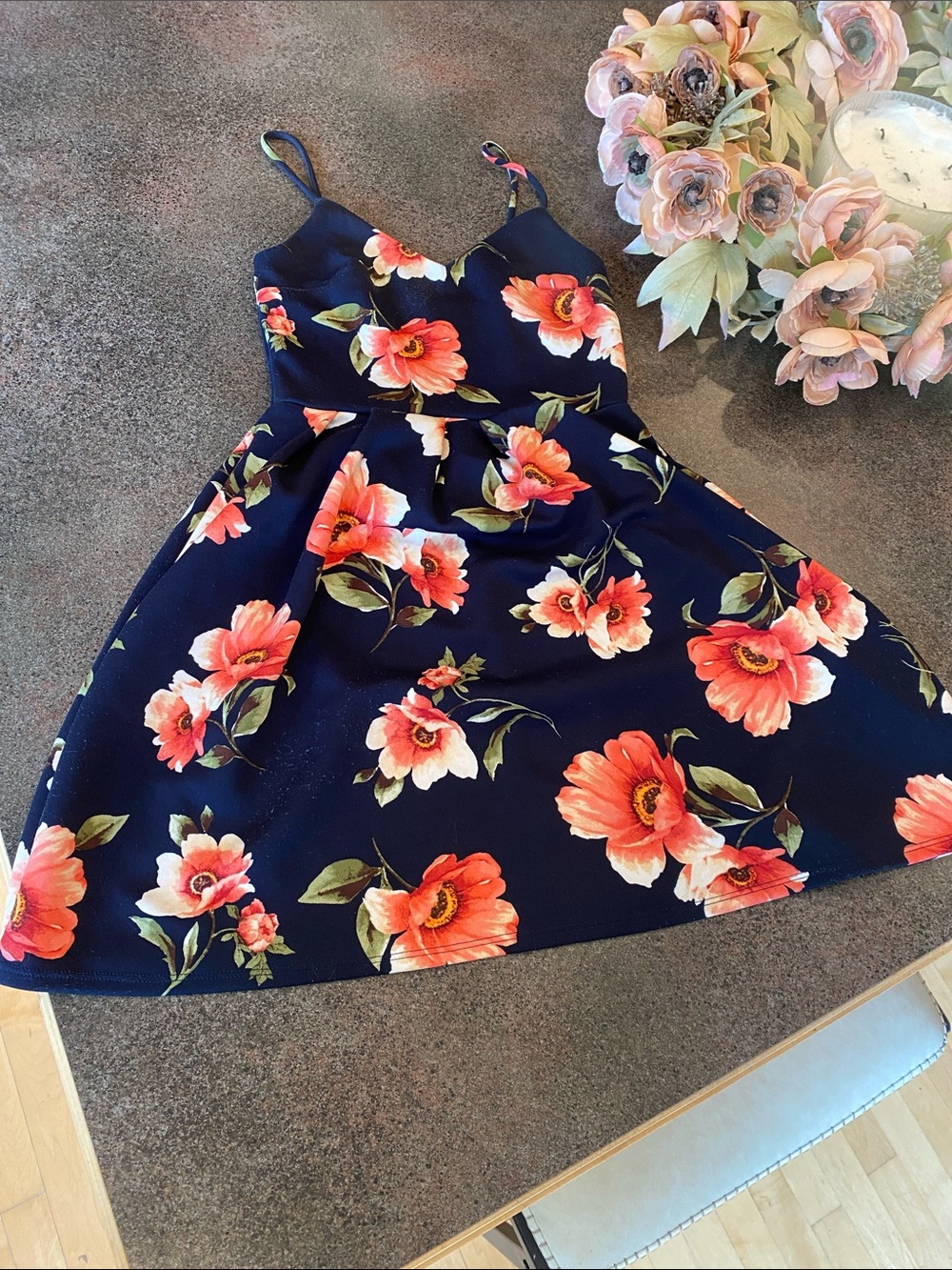 Navy Floral Spaghetti-Strap Formal Dress with Coral Blooms